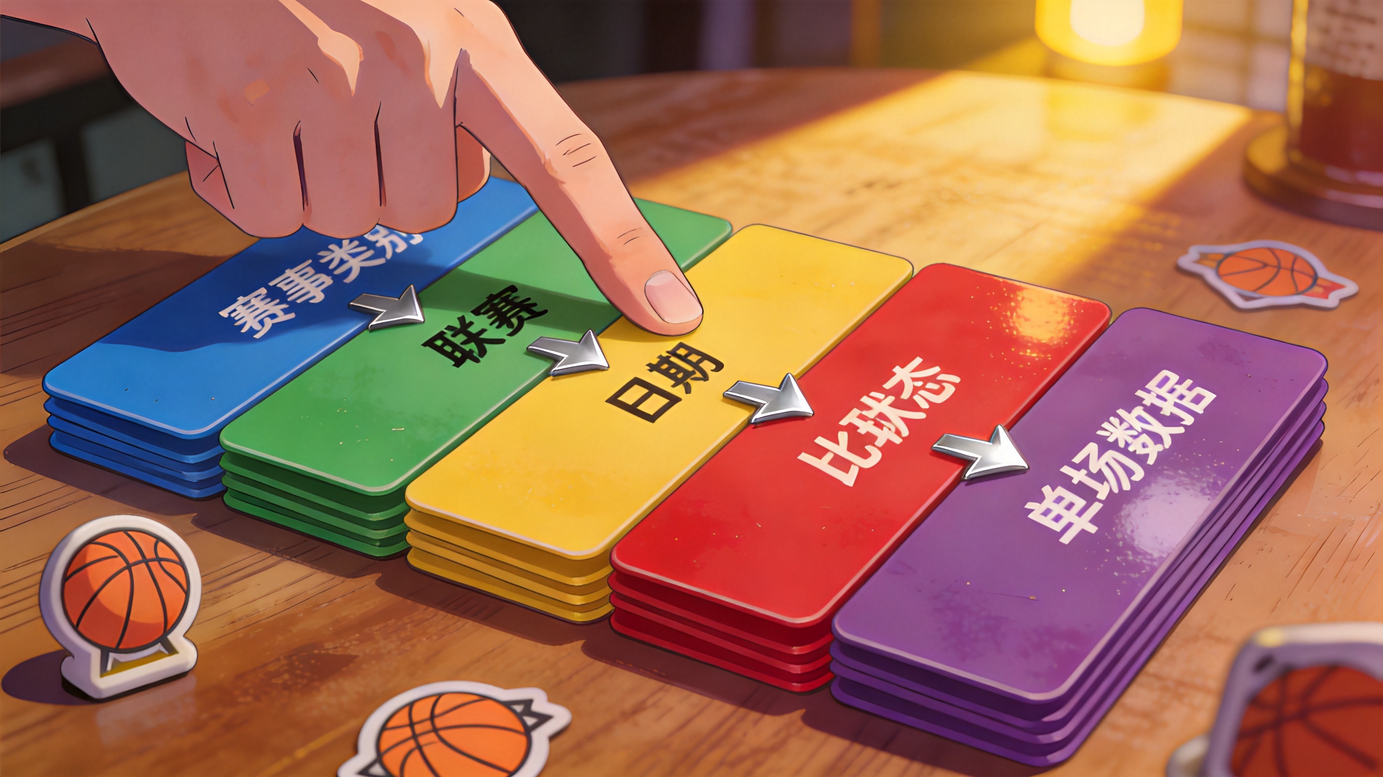 篮球赛程查询路径示意图，展示联赛、日期、状态到单场数据的四层筛选结构
